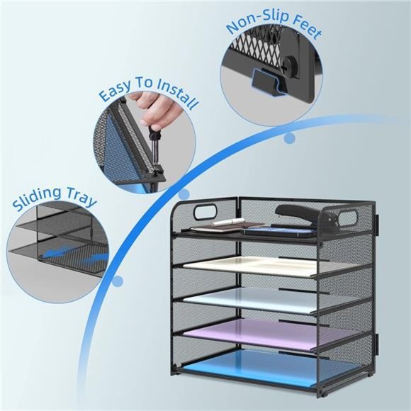 5 Tier Desk Organizer with Handle, Mesh Paper/File Organizer for Desk,Paper Tray - Picture 2 of 7
